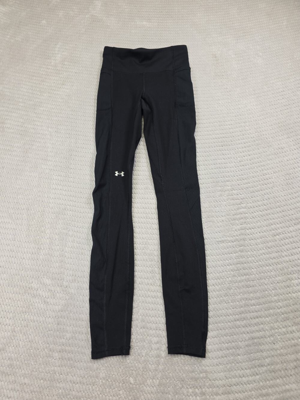 Under Armour Leggings Womens XS Black Ribbed Sides Gym Workout Casual Fitness